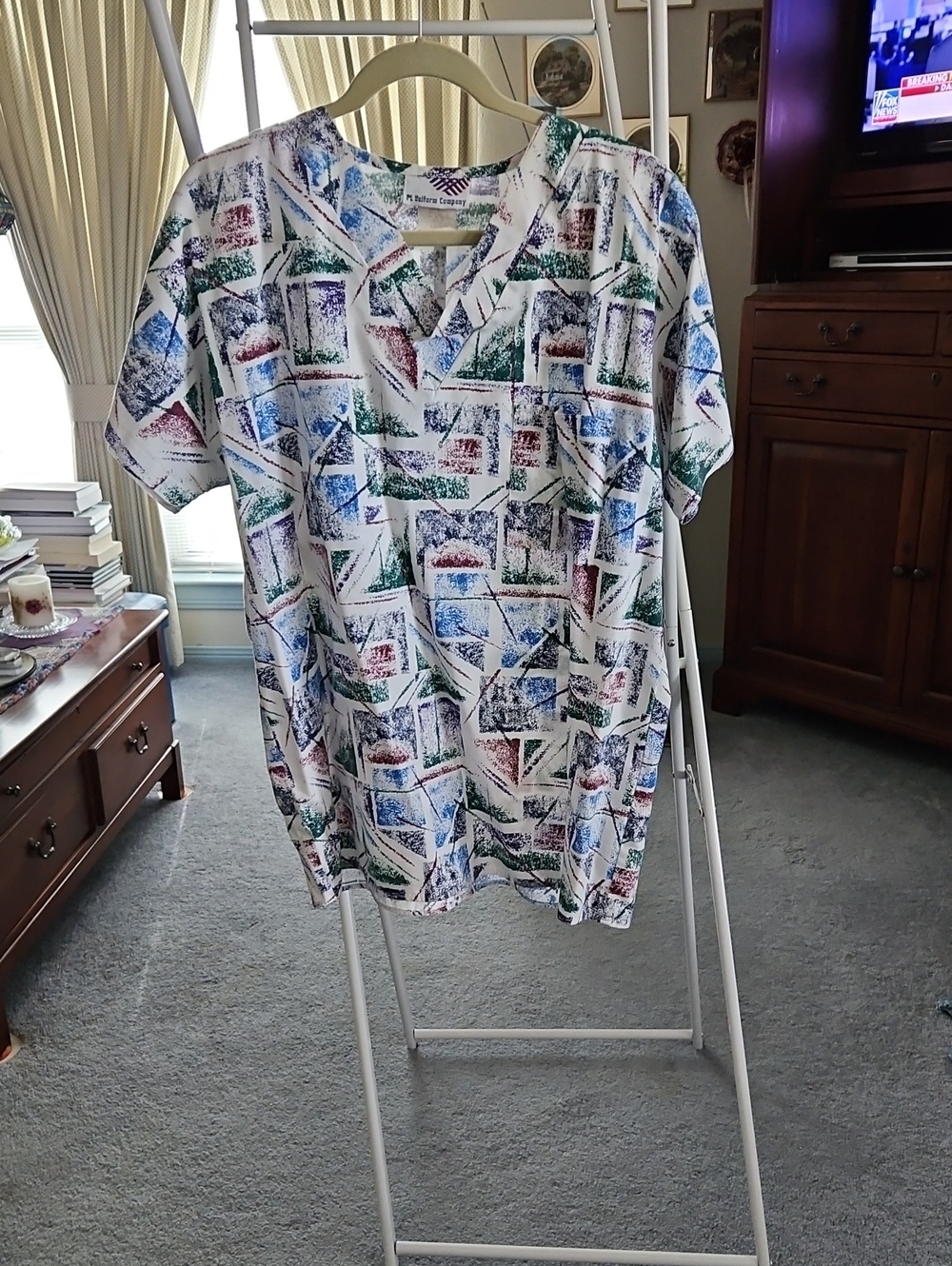 Classic White Multi-Color Print Ladies Scrub Top